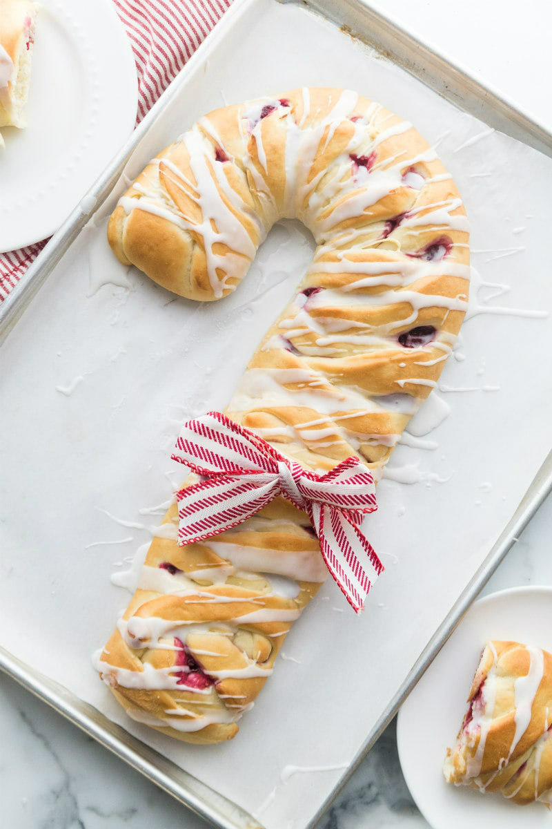 candy cane coffee cake on white serving platter