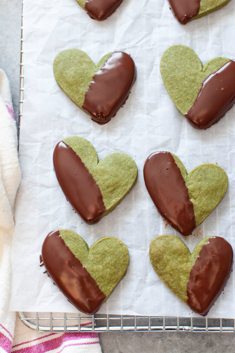 matcha heart cookies dipped in chocolate