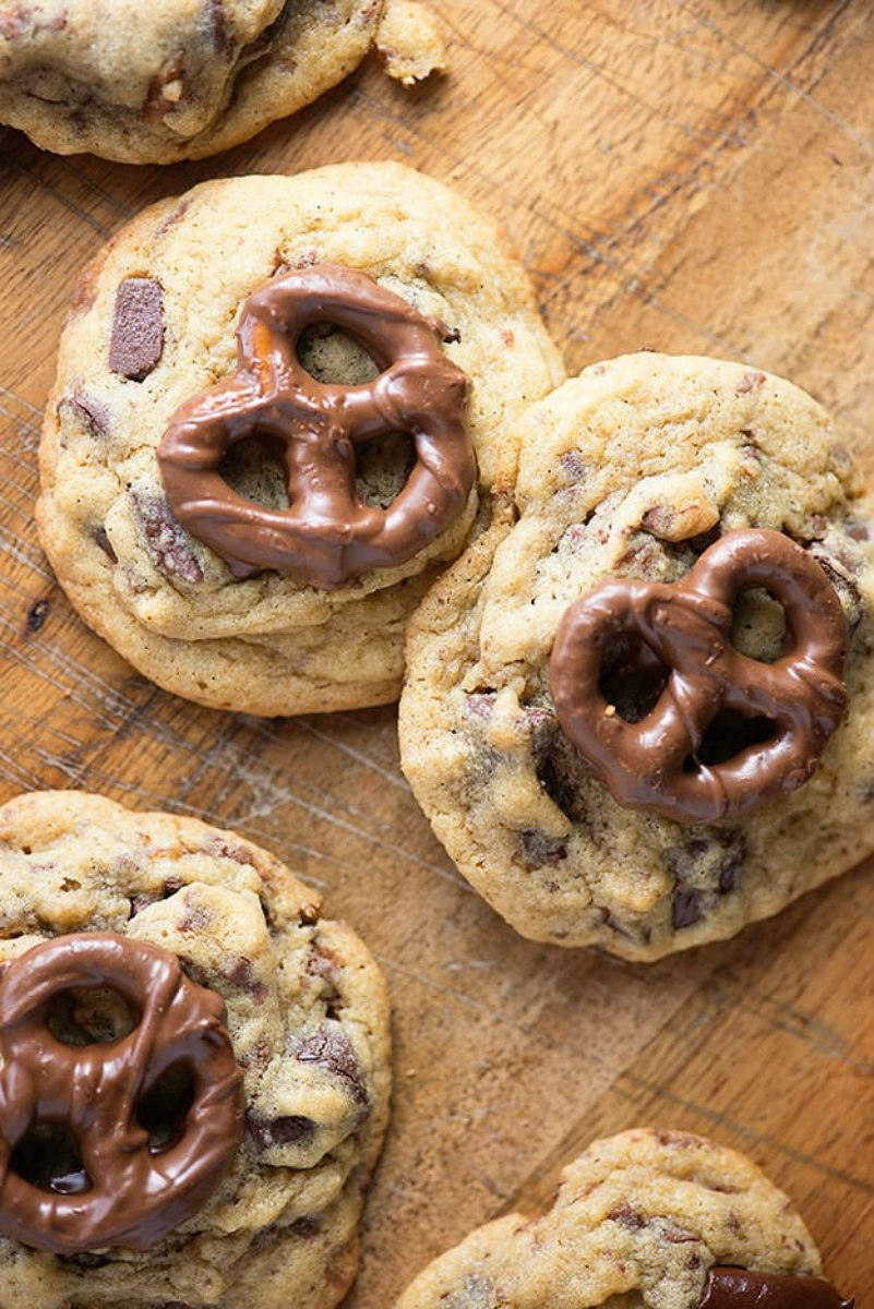 Pudding Cookies with Chocolate Covered Pretzels on top