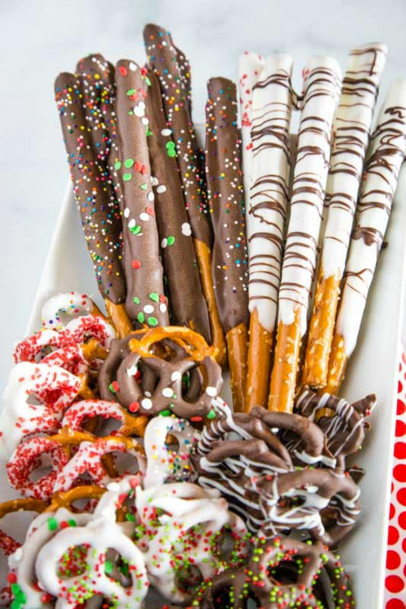Chocolate covered pretzels displayed