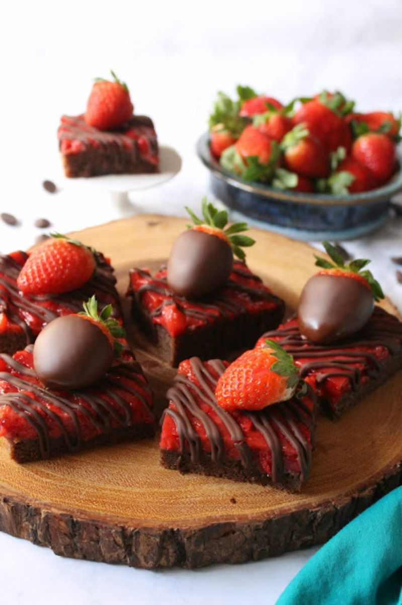 Chocolate Covered Strawberry Bars on wooden serving board