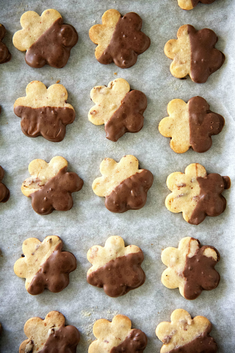 Chocolate Covered Strawberry Shortbread laid out on a baking sheet