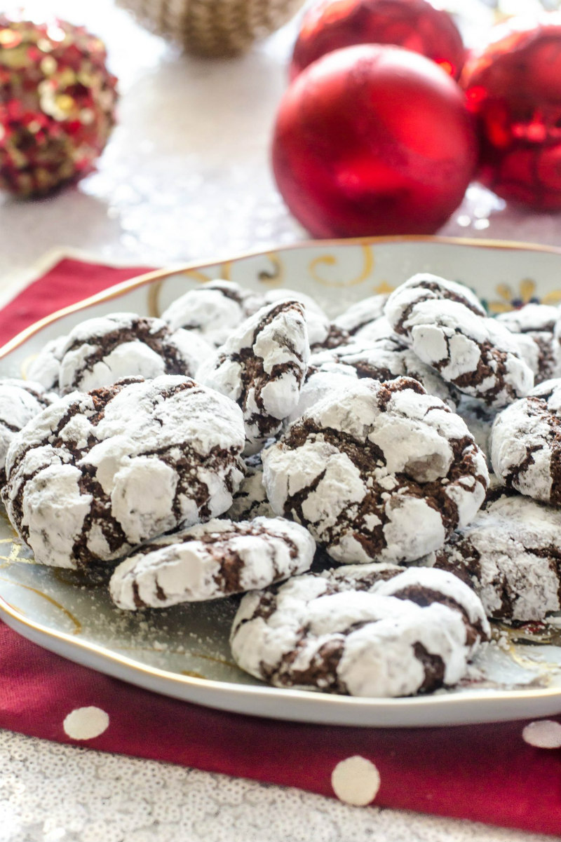 chocolate crinkle cookies on a white plate