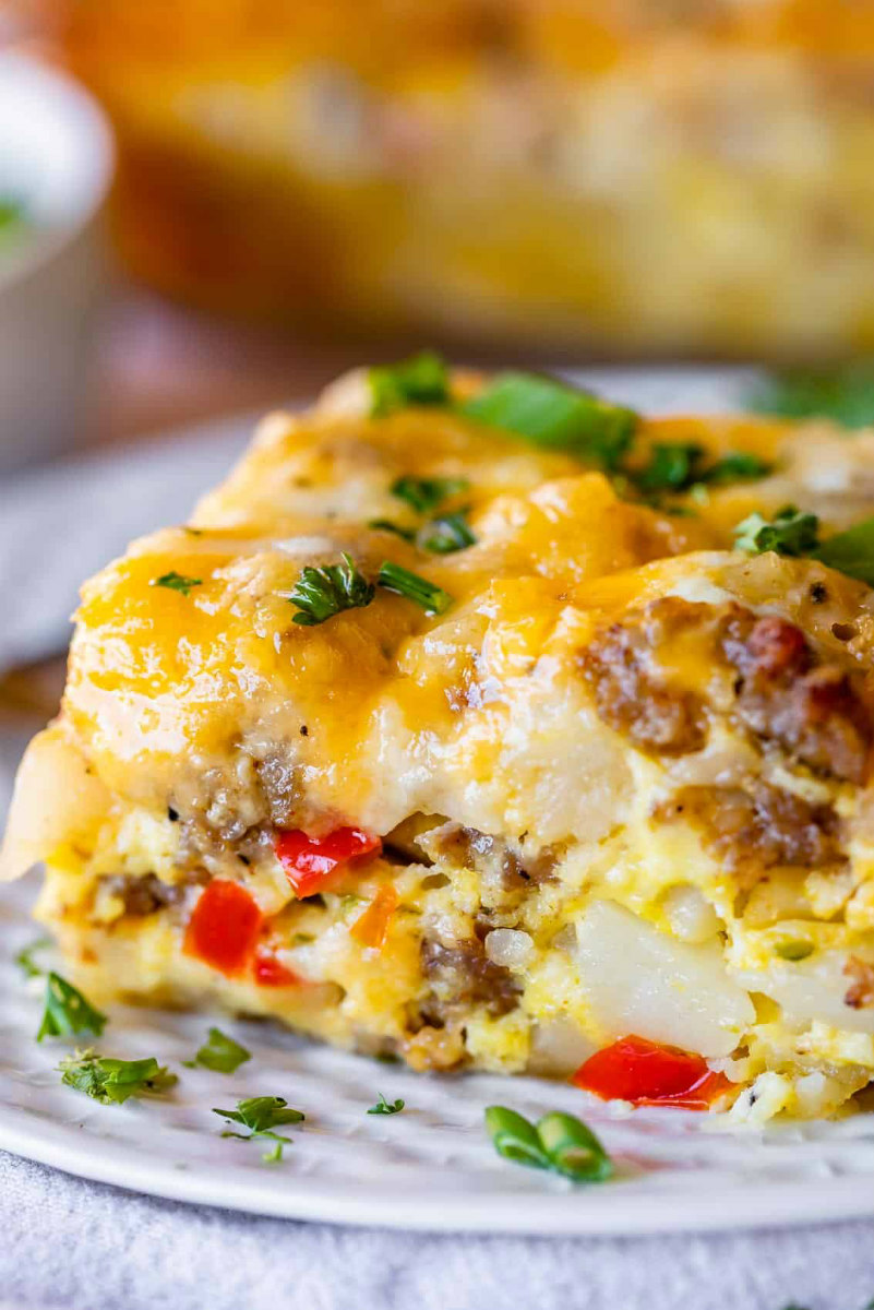 sausage breakfast casserole slice on plate