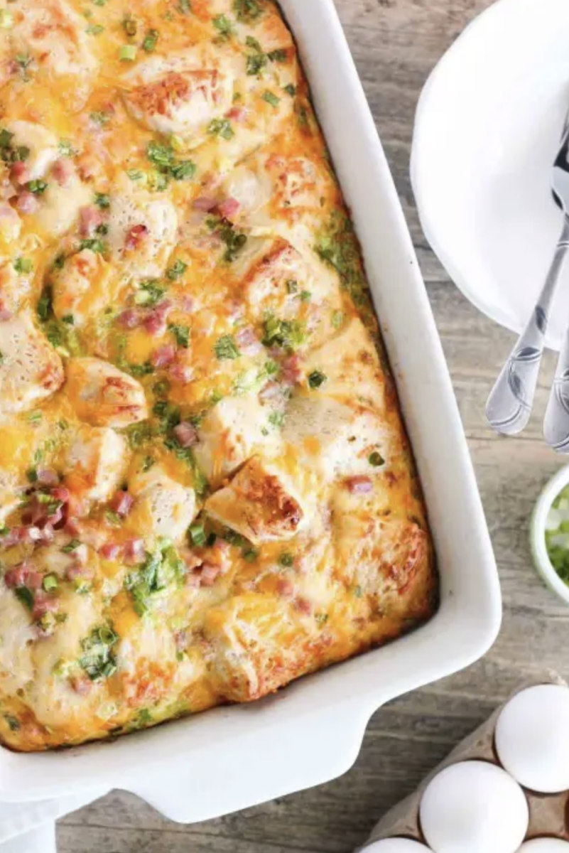 ham egg and cheese breakfast casserole in baking dish