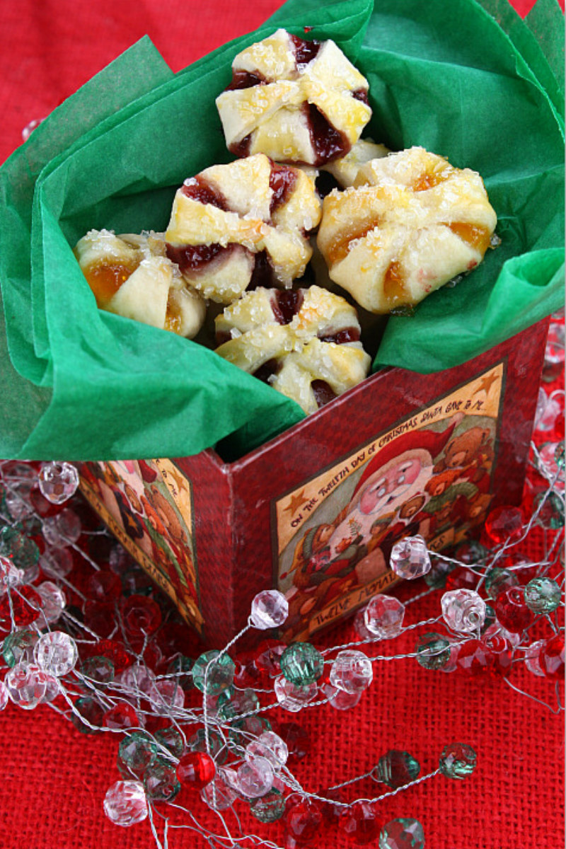 jam filled cream cheese cookies displayed in a gift box