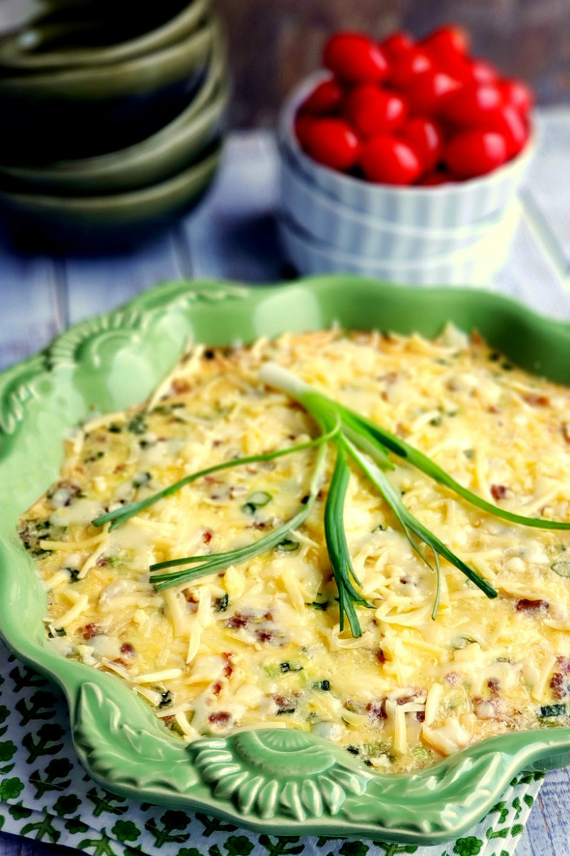oven omelet in green baking dish