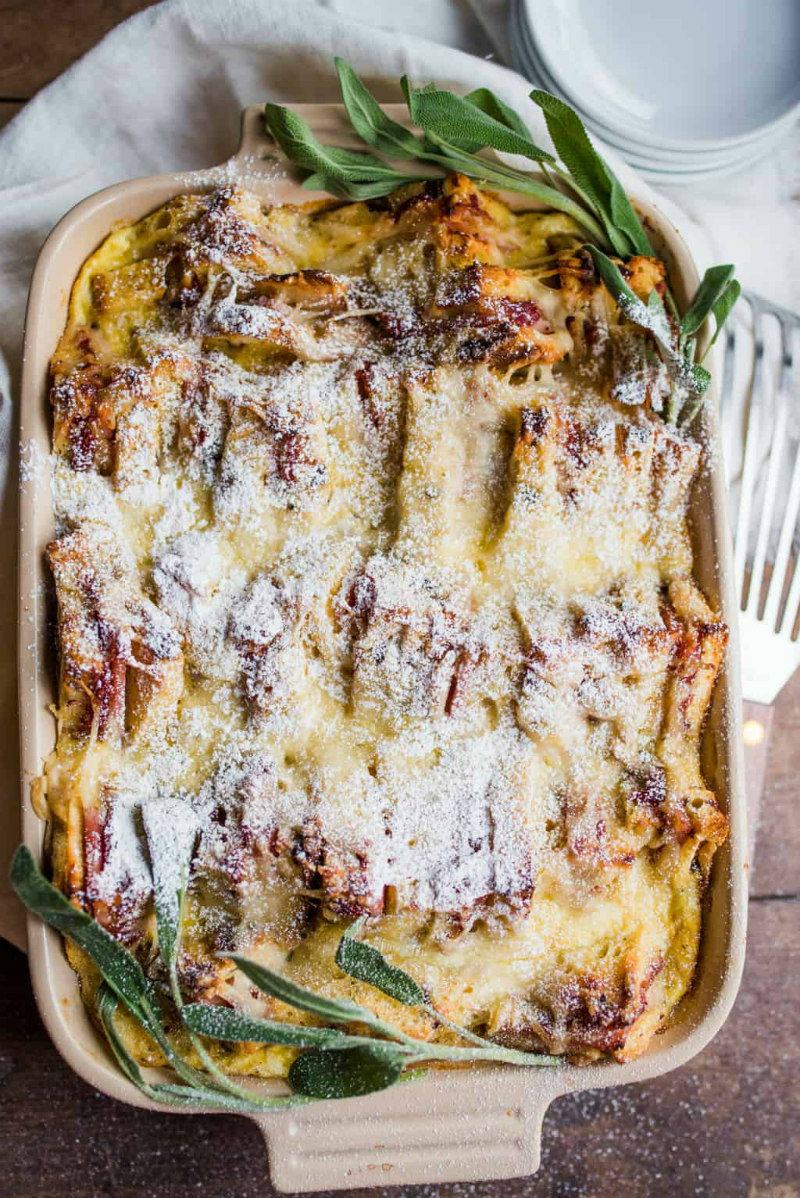 overnight monte cristo breakfast casserole in a baking dish