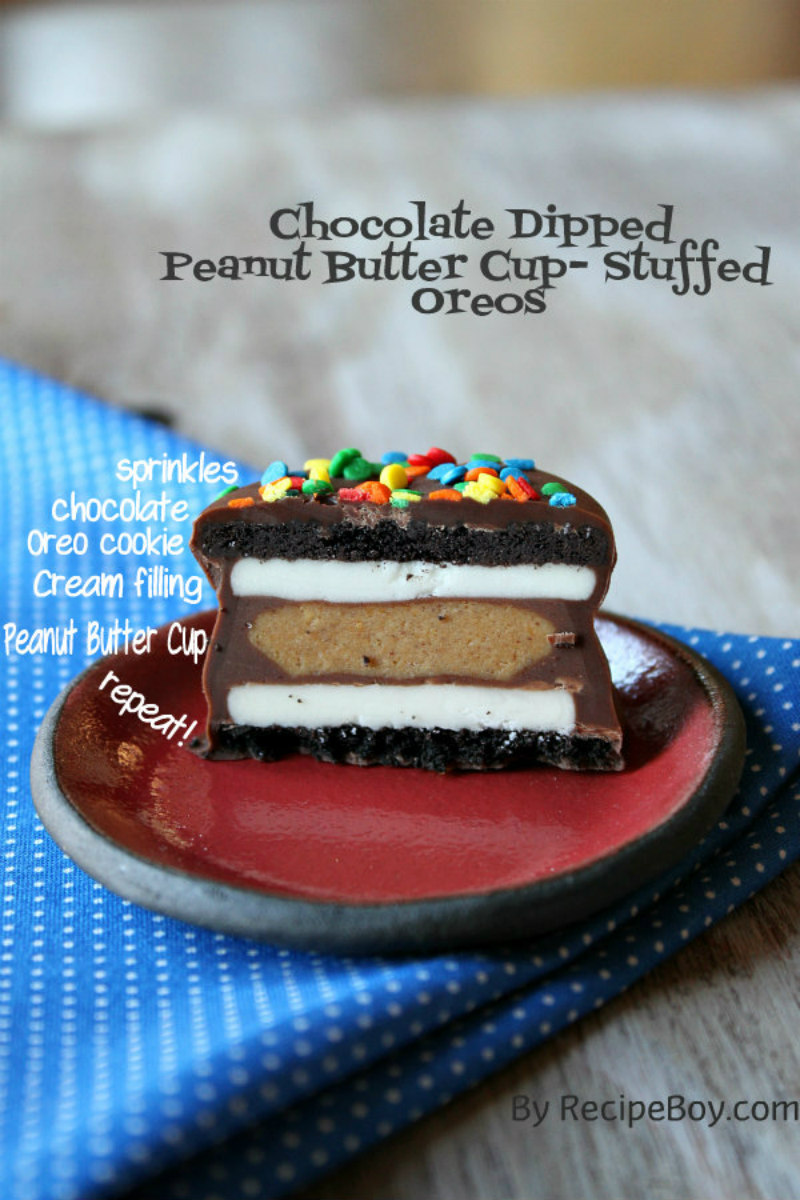 Chocolate Covered Peanut Butter Cup Stuffed Oreo on a red plate