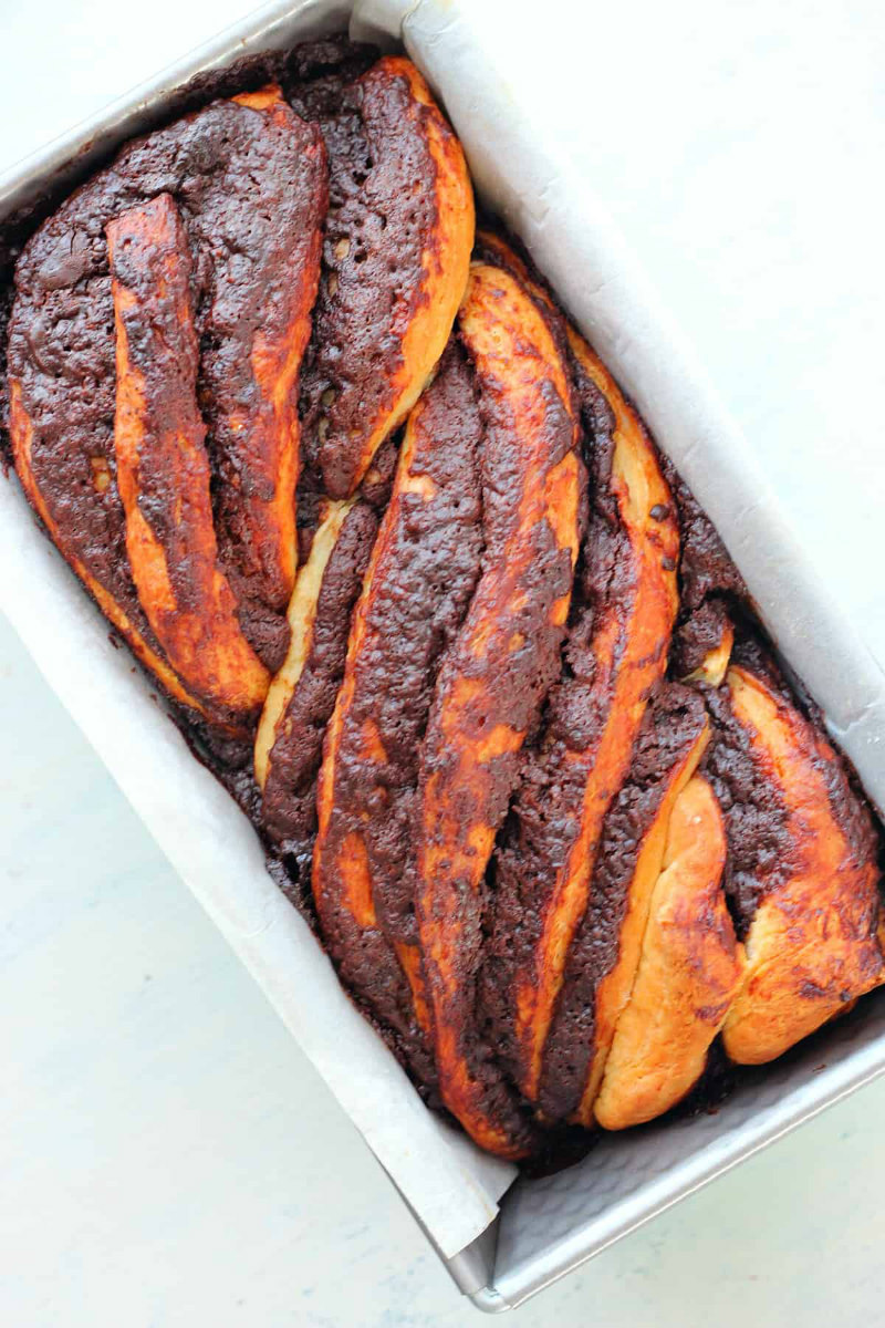 chocolate babka in baking pan