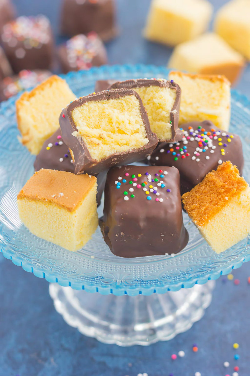 platter of chocolate covered pound cake bites