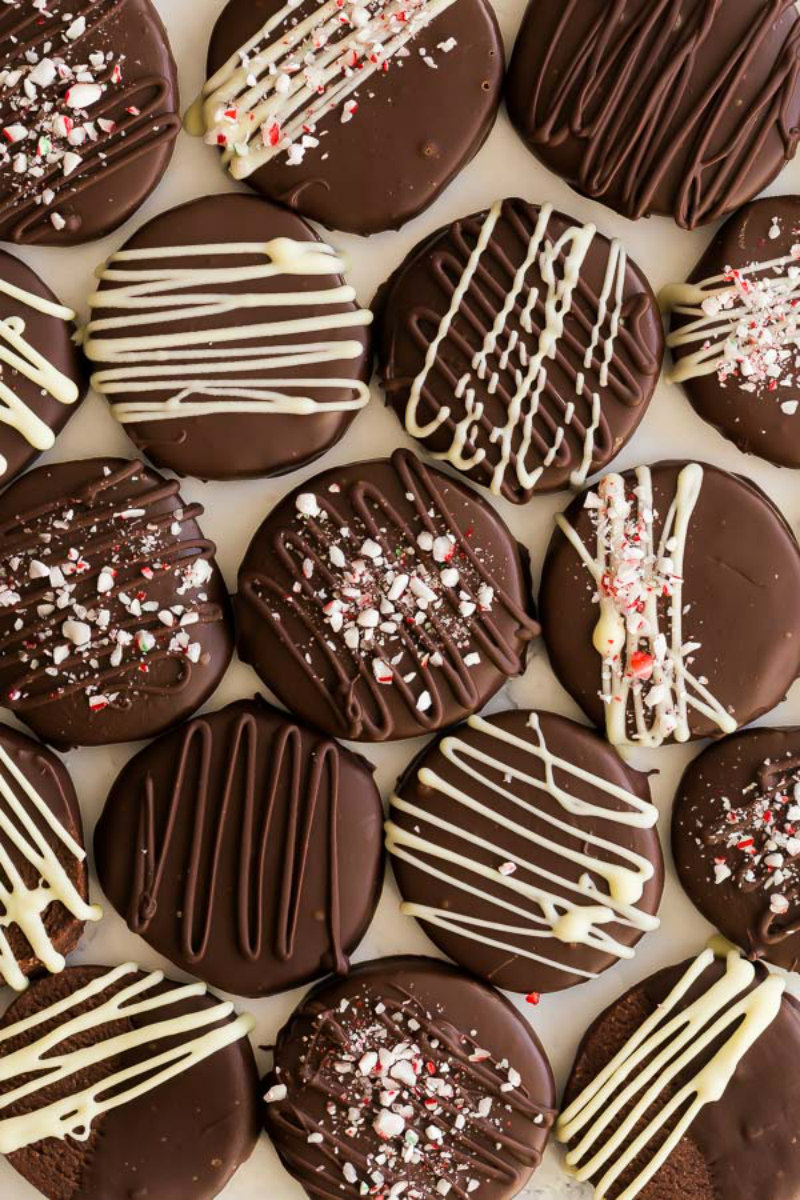 chocolate slice and bake cookies with decorative chocolate drizzled on top