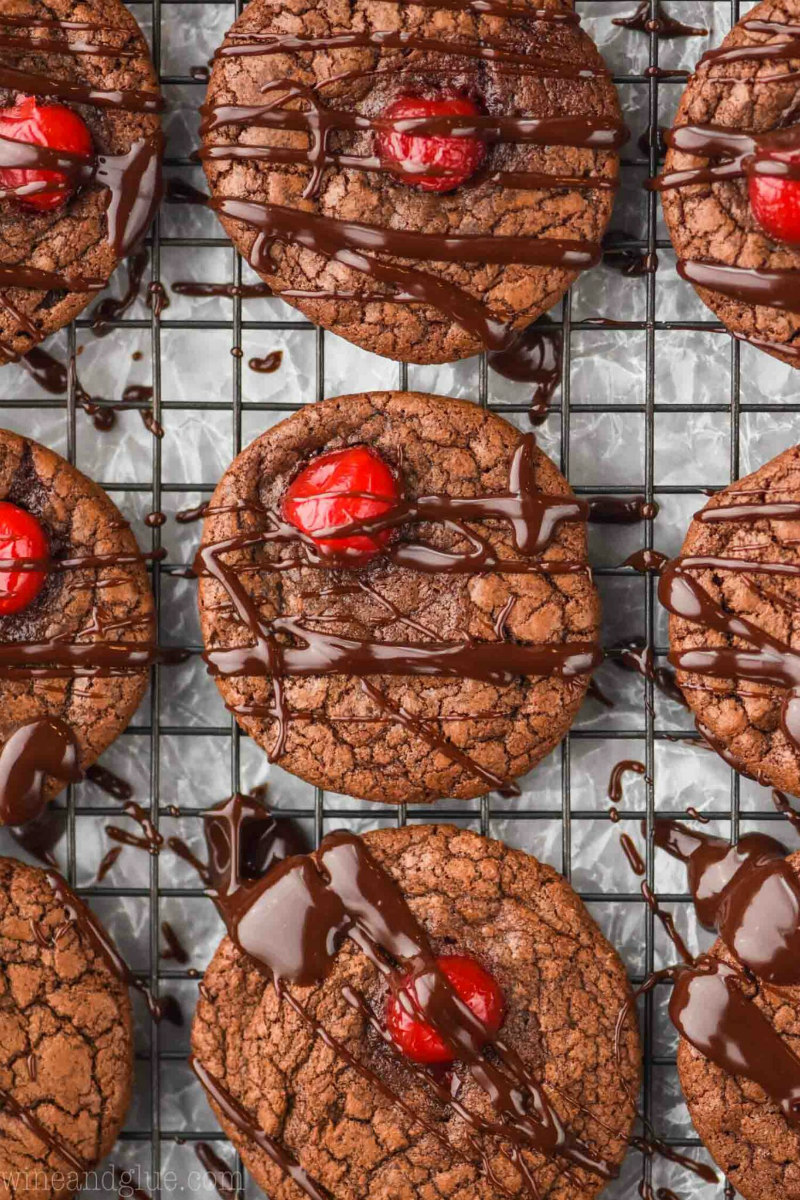 Chocolate Covered Cherry Cookies on a cooling rack