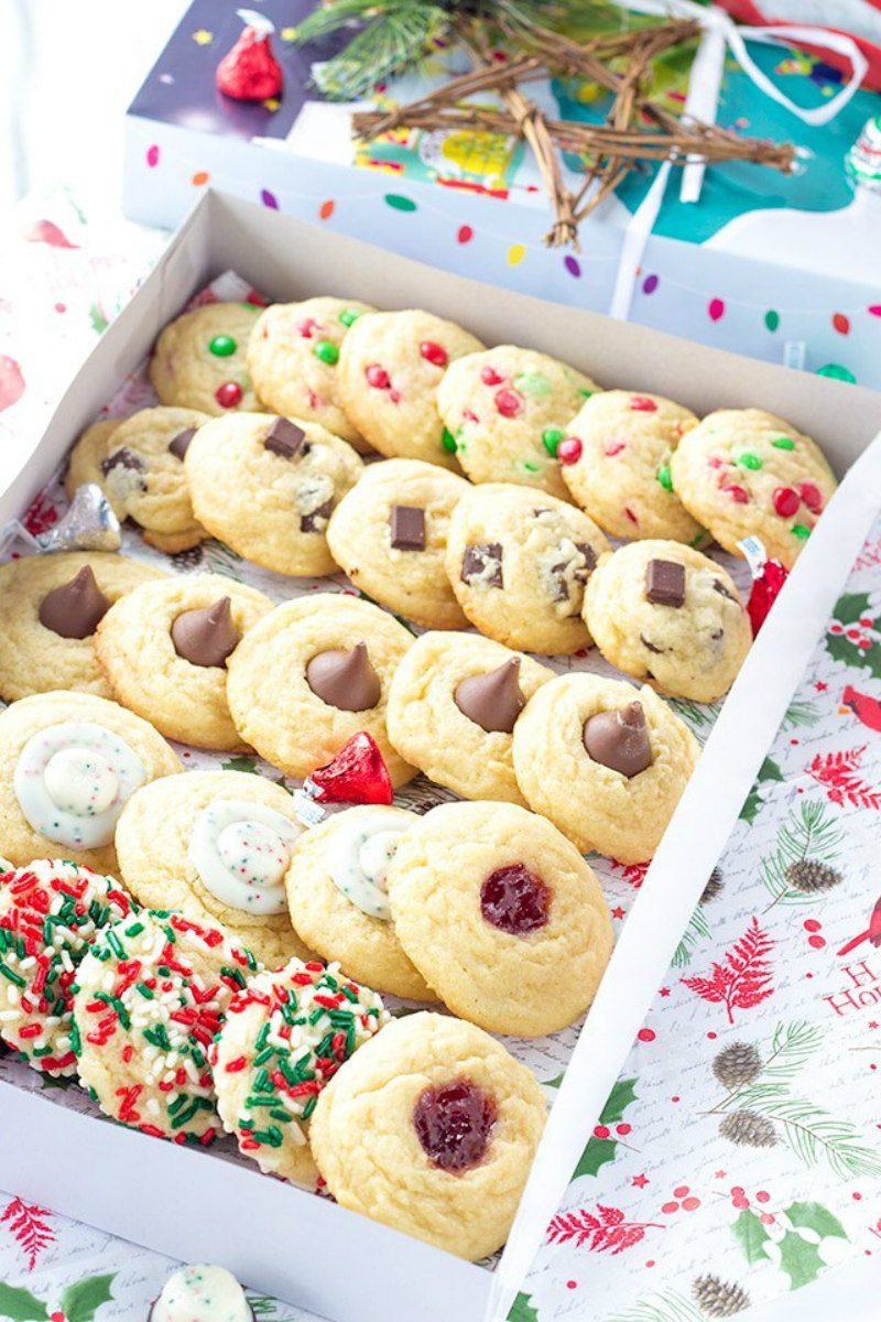 five kinds of christmas cookies in a box