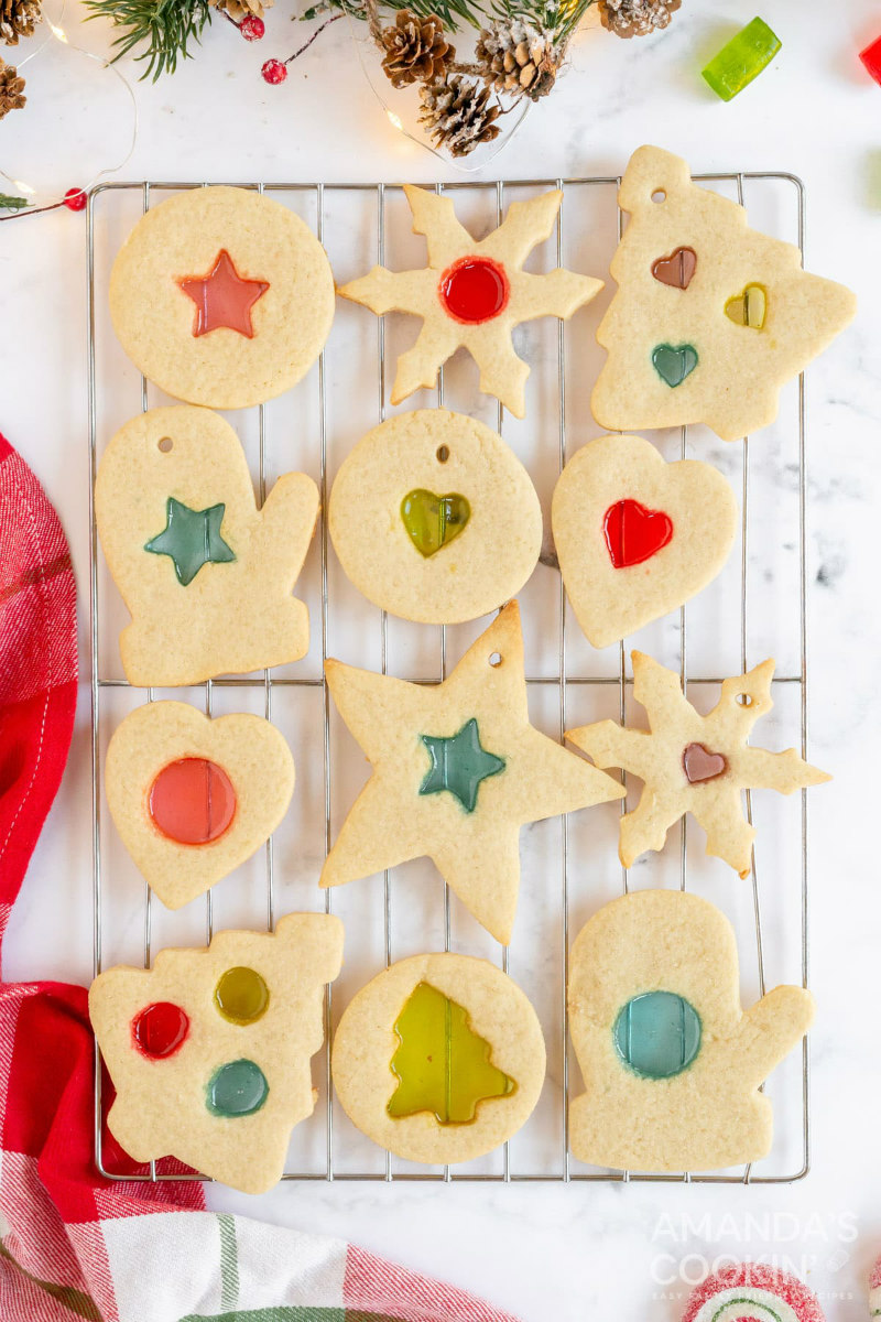 stained glass cookies on a cooling rack