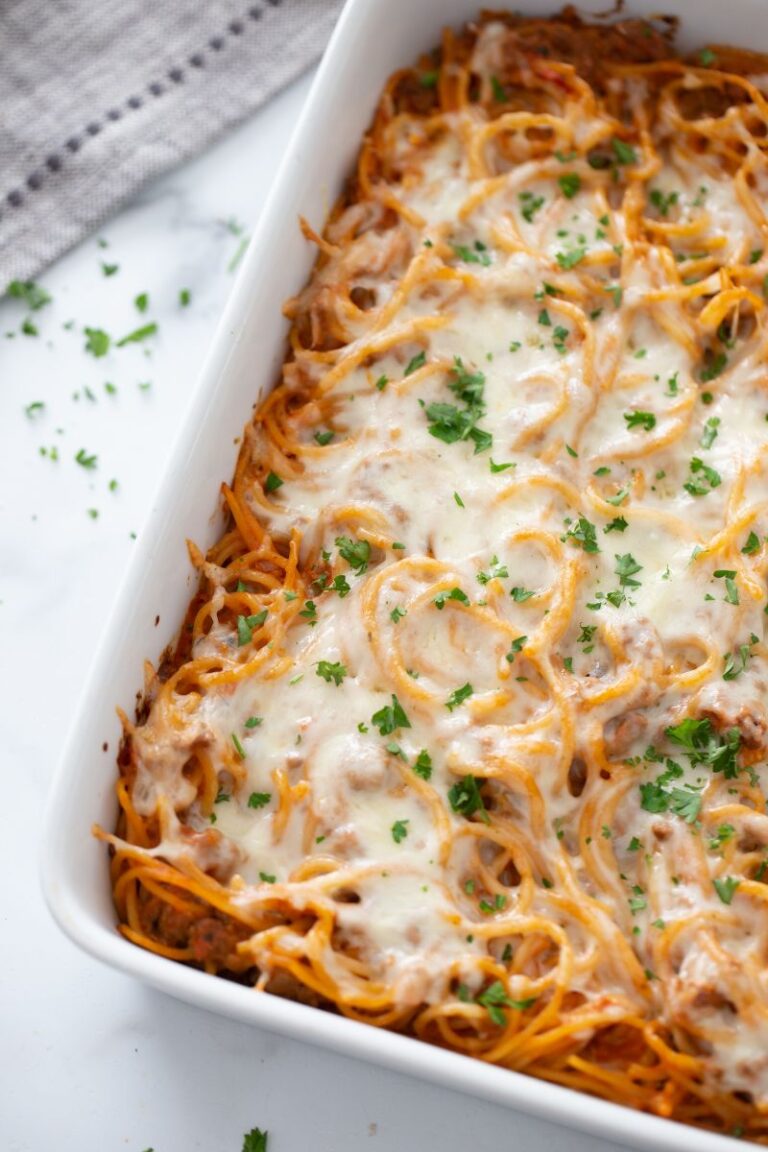 Baked Spaghetti Casserole in white baking dish