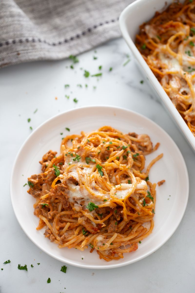 serving of spaghetti casserole on white plate