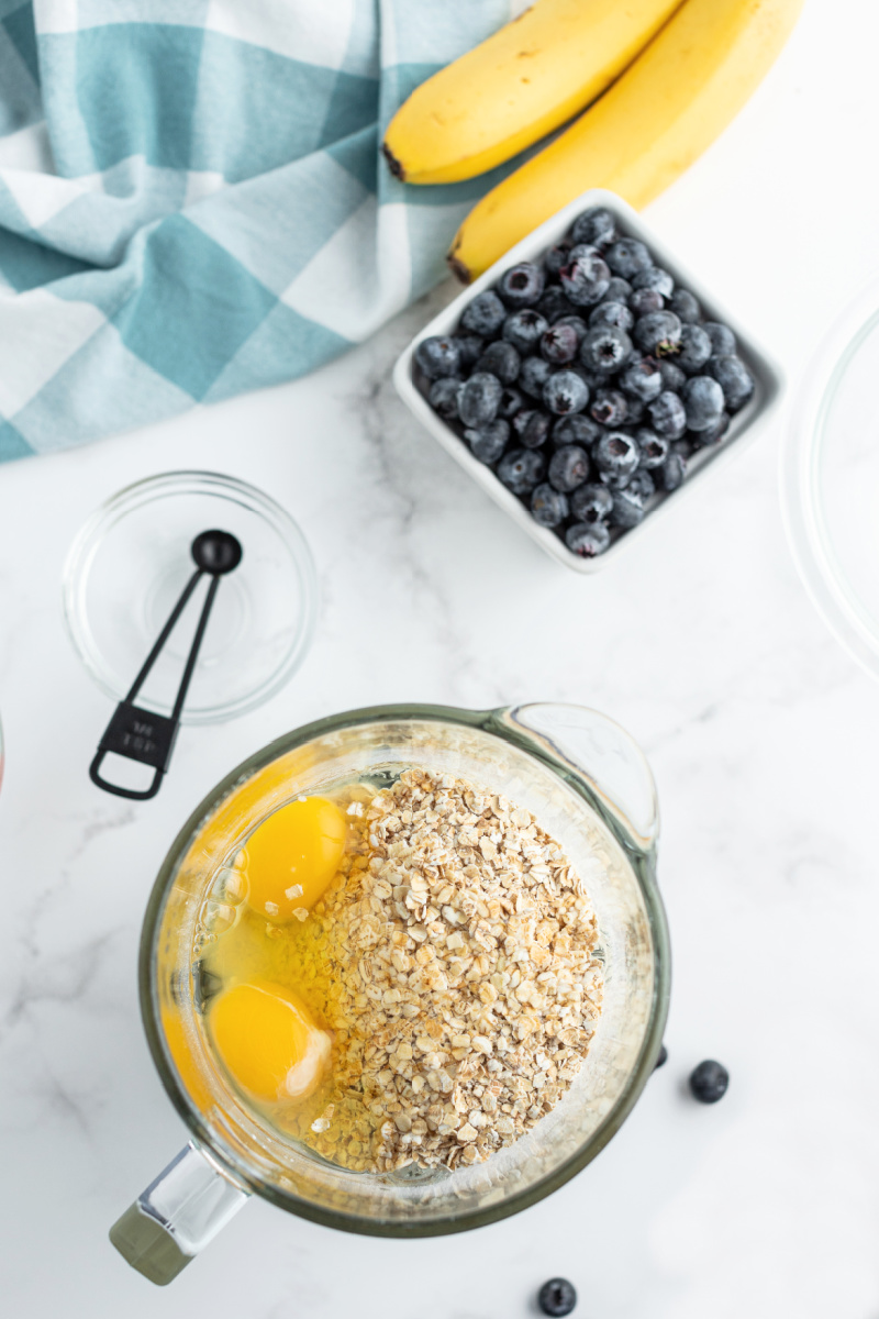 ingredients displayed for making banana blueberry blender pancakes