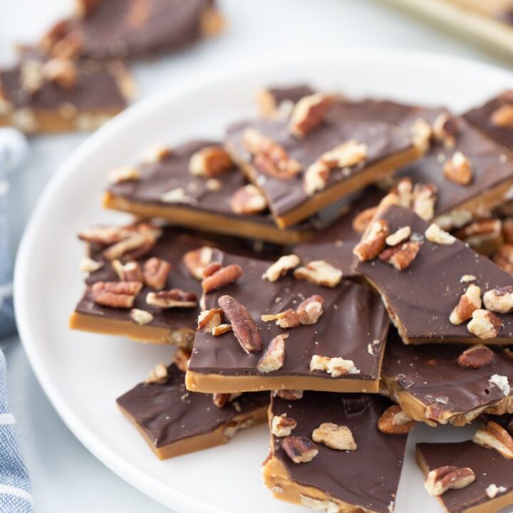 english toffee on a white plate