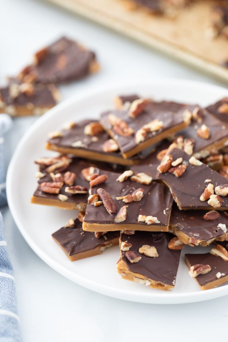 english toffee on a white plate