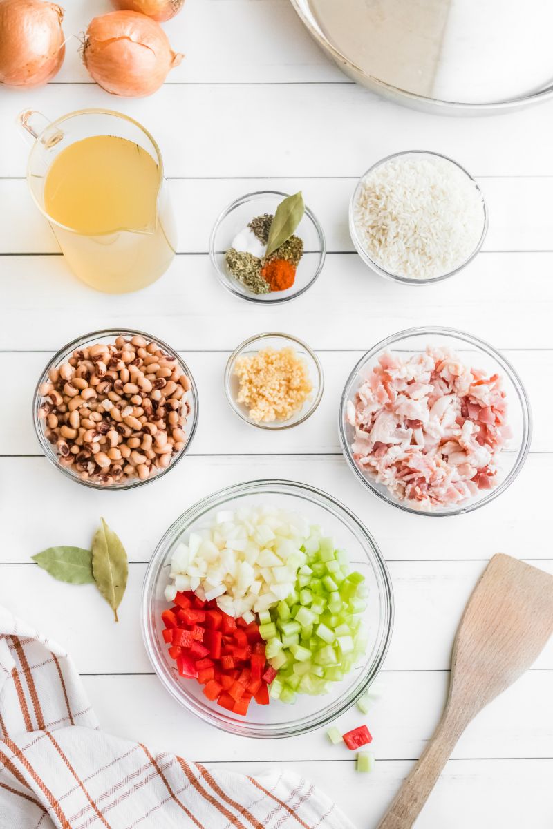 ingredients for hoppin john displayed in bowls