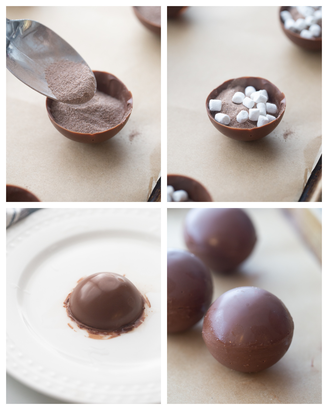 four photos showing process of creating hot cocoa bombs