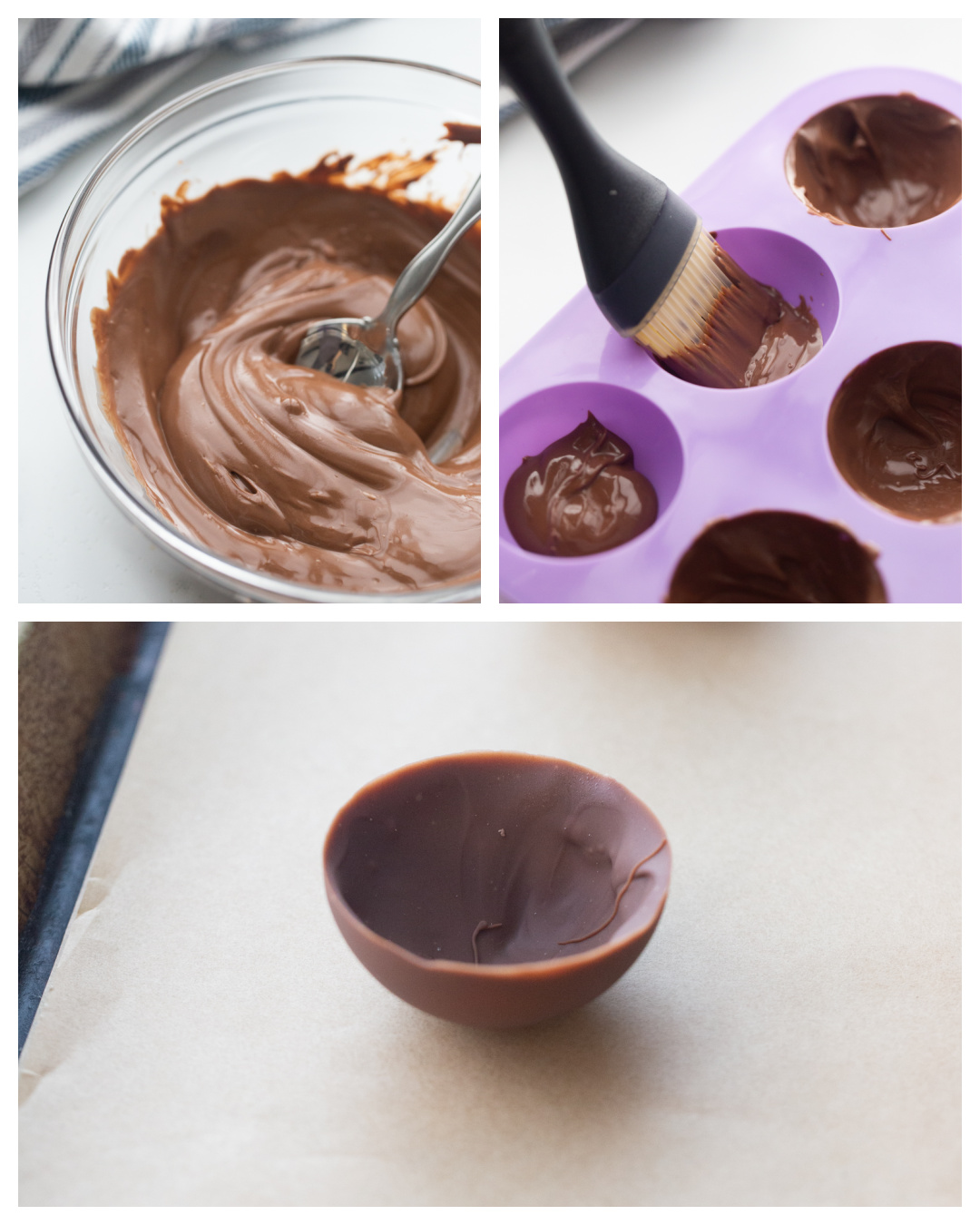 three photos showing process of making a chocolate sphere mold