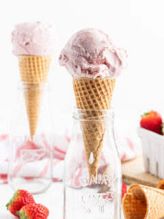 strawberry ice cream cones displayed