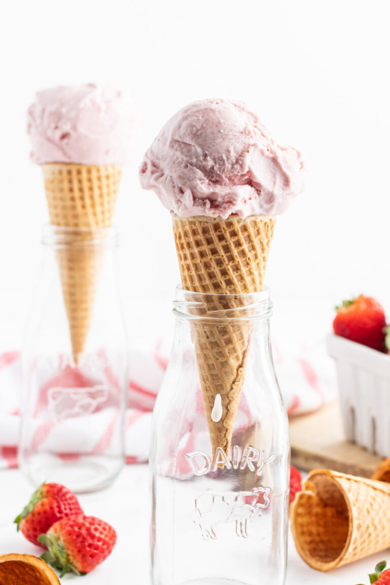 strawberry ice cream cones displayed