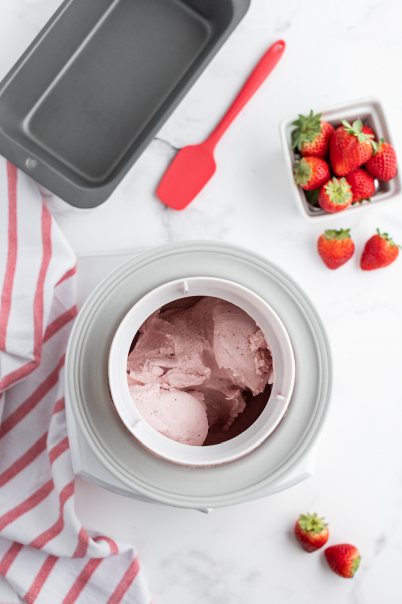 strawberry ice cream in an ice cream maker