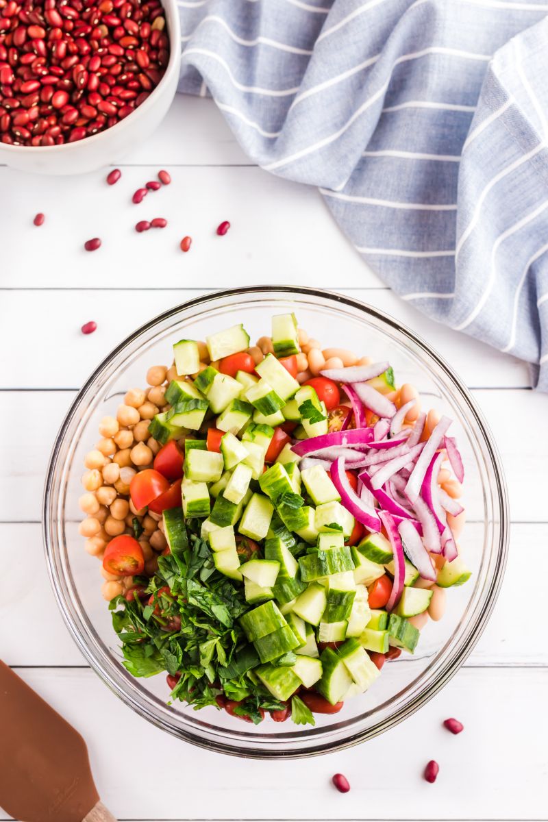 ingredients for 3 bean salad in bowl