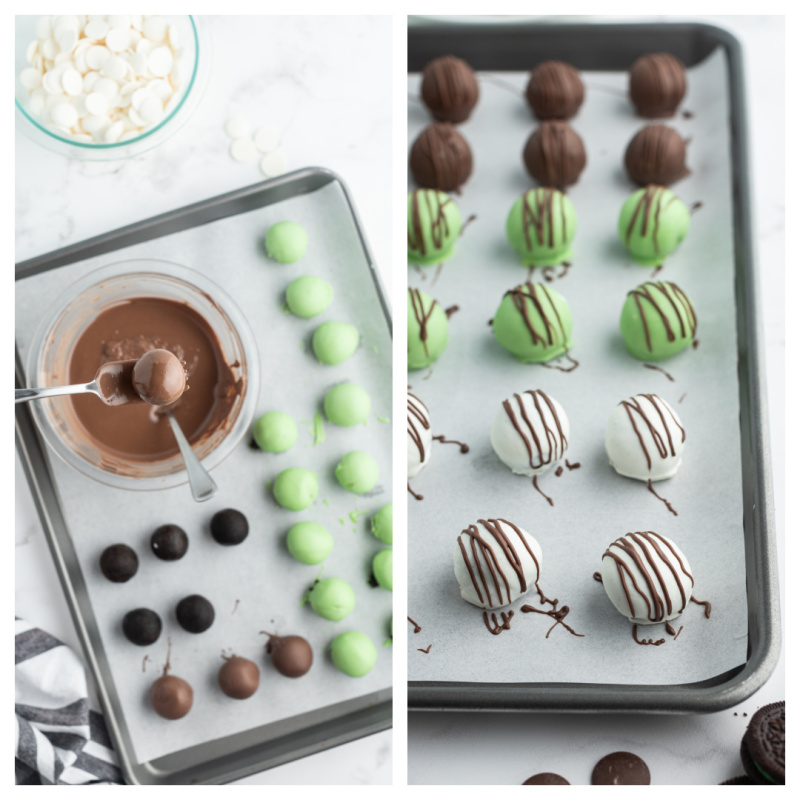 truffles dipped in chocolate then drizzled with more chocolate on top