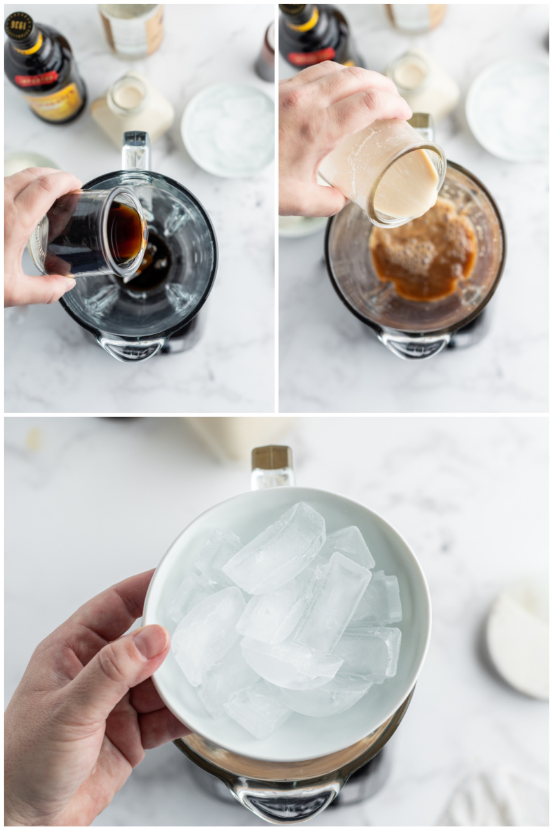 three photos showing how to make a blended cocktail