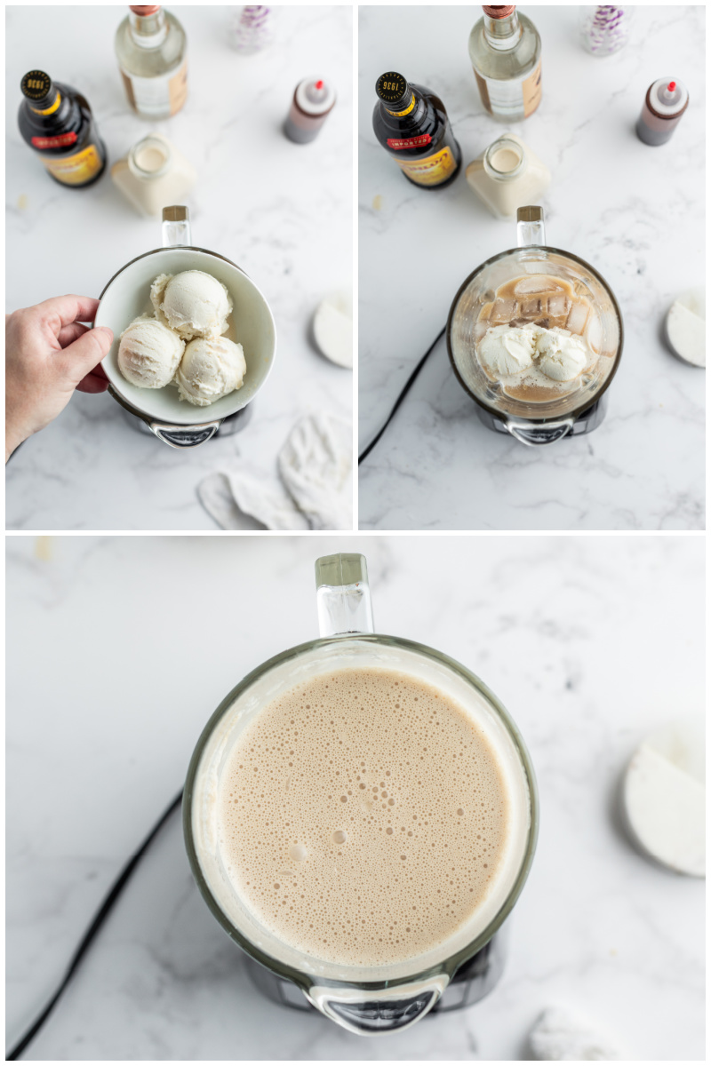 process of three photos showing how to make a blended cocktail