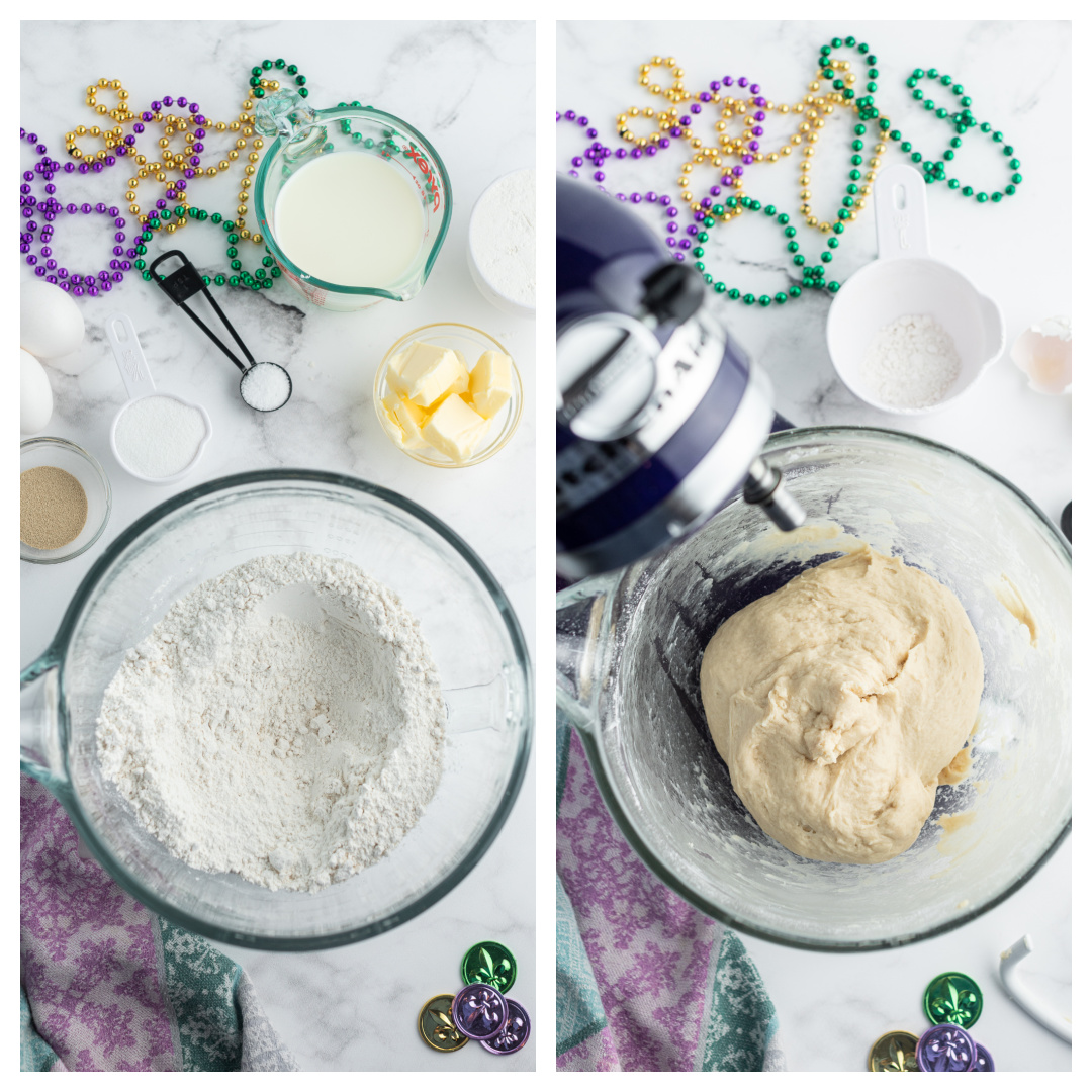 ingredients for dough in one bowl and ball of dough in second bowl