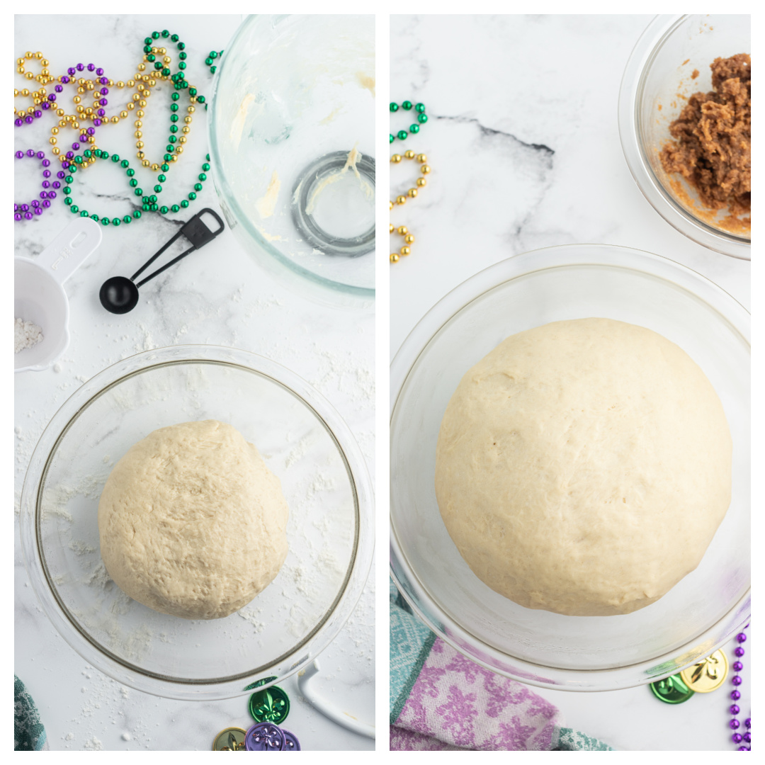 dough in one bowl and risen dough in another bowl