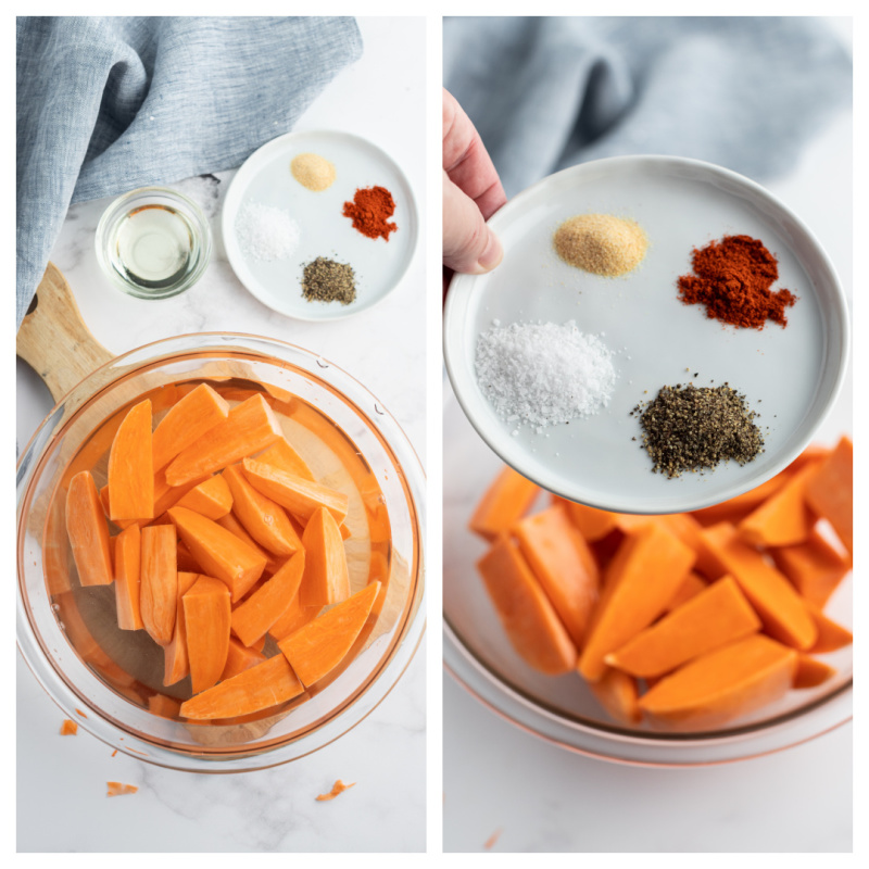 cut sweet potatoes soaking in water in bowl and then drained with added spices