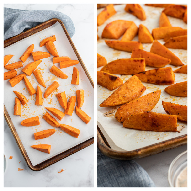 cut sweet potatoes on a baking sheet with second photo showing them roasted