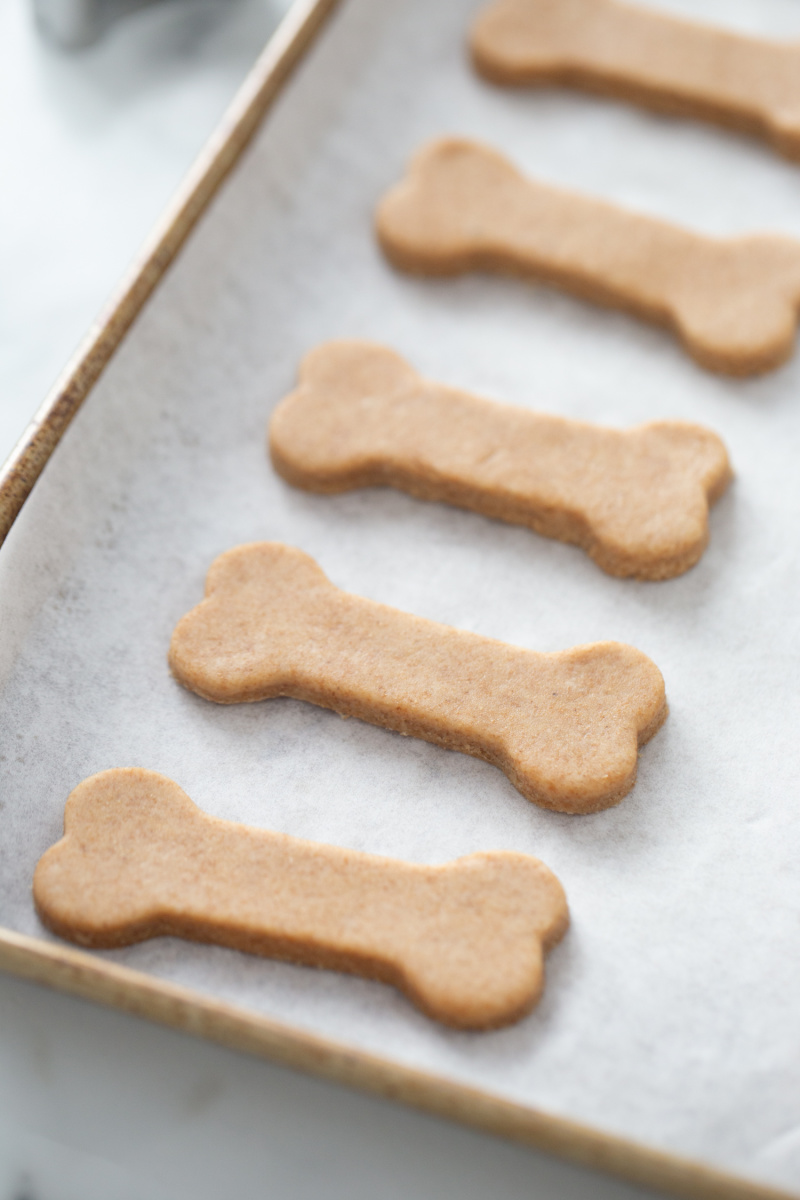 peanut butter dog biscuits on baking sheet ready for oven