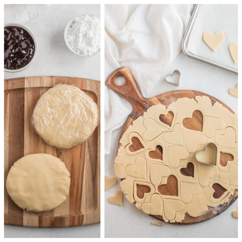 dough in rounds and rolled out with heart cookie cutter