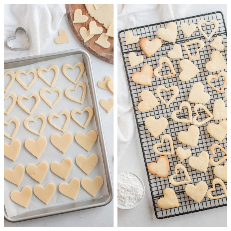 heart cookies on baking sheet and cooling rack