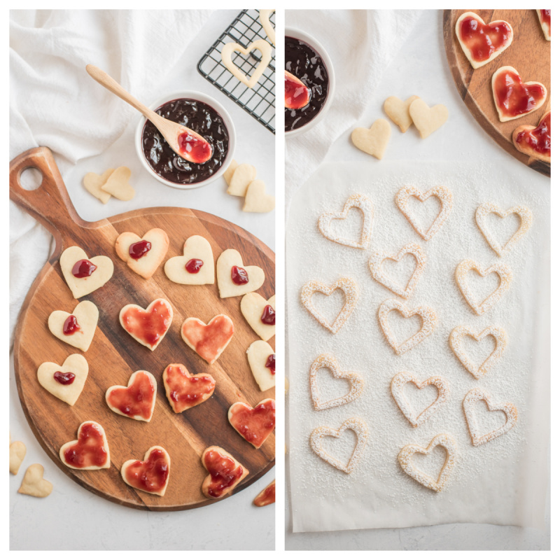 showing process of making linzer cookies heart shaped filled with raspberry jam