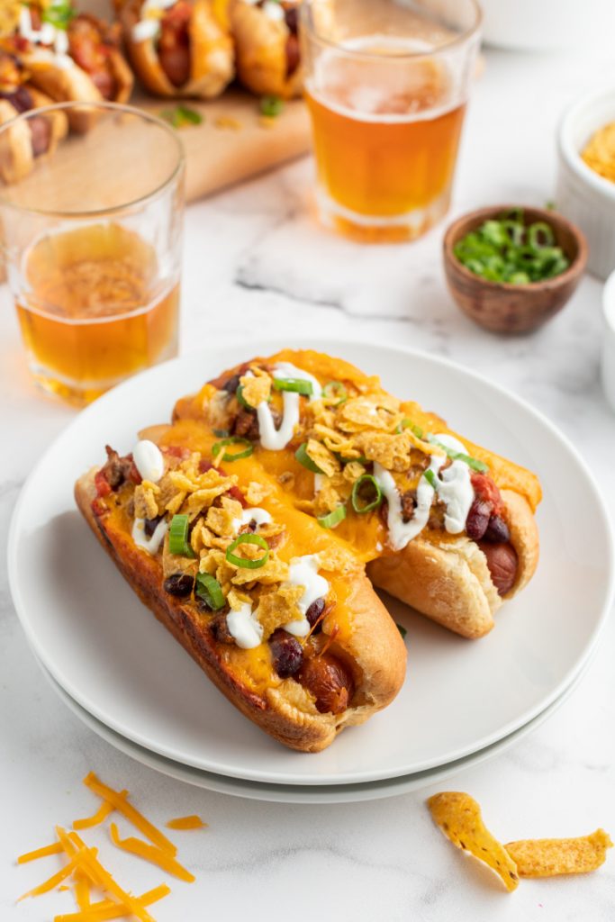 chili dogs on white plate