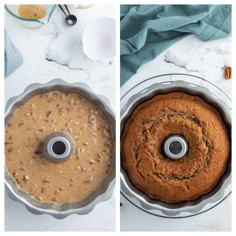 batter in bundt pan and baked cake in bundt pan