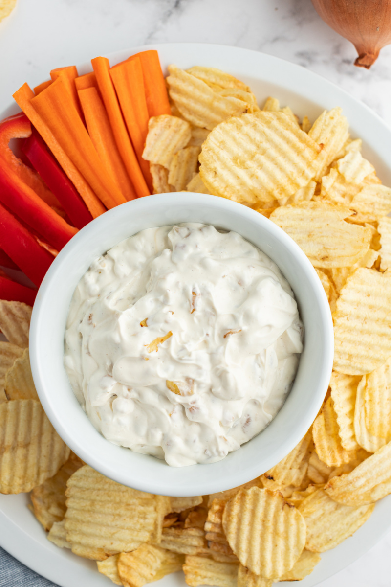 caramelized onion dip in bowl surrounded by chips and veggies