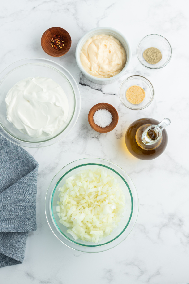ingredients displayed for caramelized onion dip