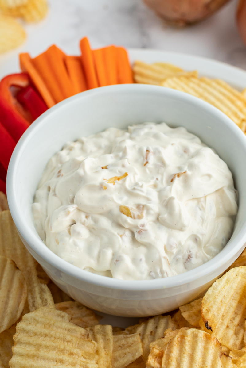 caramelized onion dip in bowl surrounded by chips and veggies