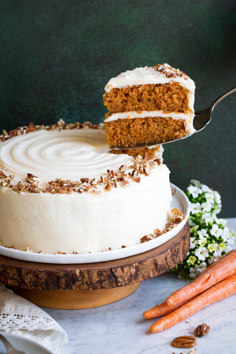 carrot cake slice coming out of cake