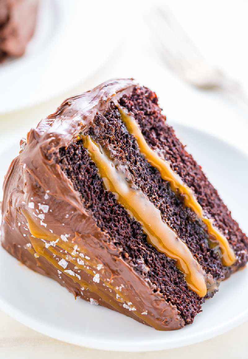 chocolate caramel cake slice