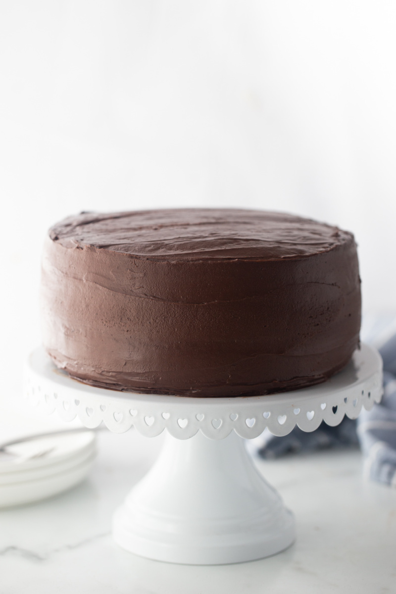 chocolate mayonnaise cake on white platter